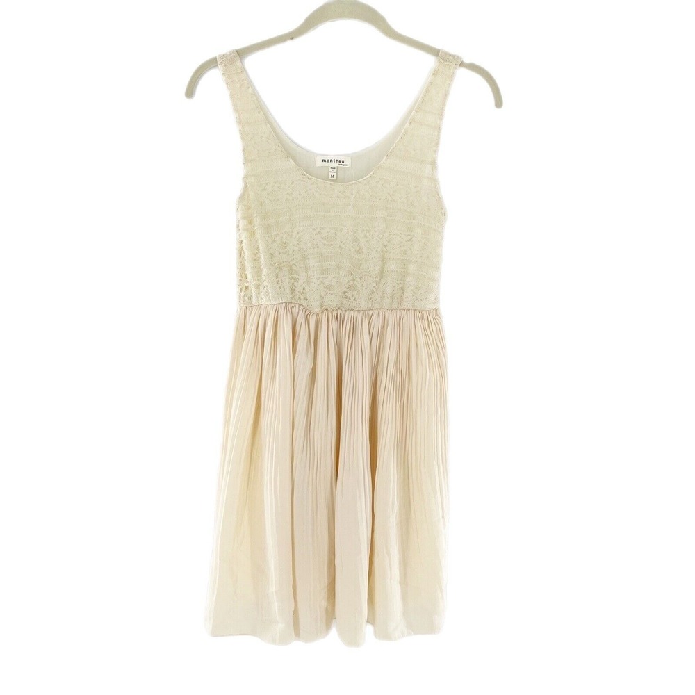 Monteau Los Angeles Cream Lace Pleated Dress Sleeveless Babydoll M Angel Boho
